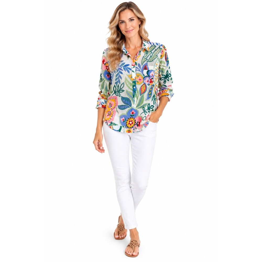 J.Crew Shirt 10 Multicolor Tropical Floral Button Front Coastal Preppy Eclectic